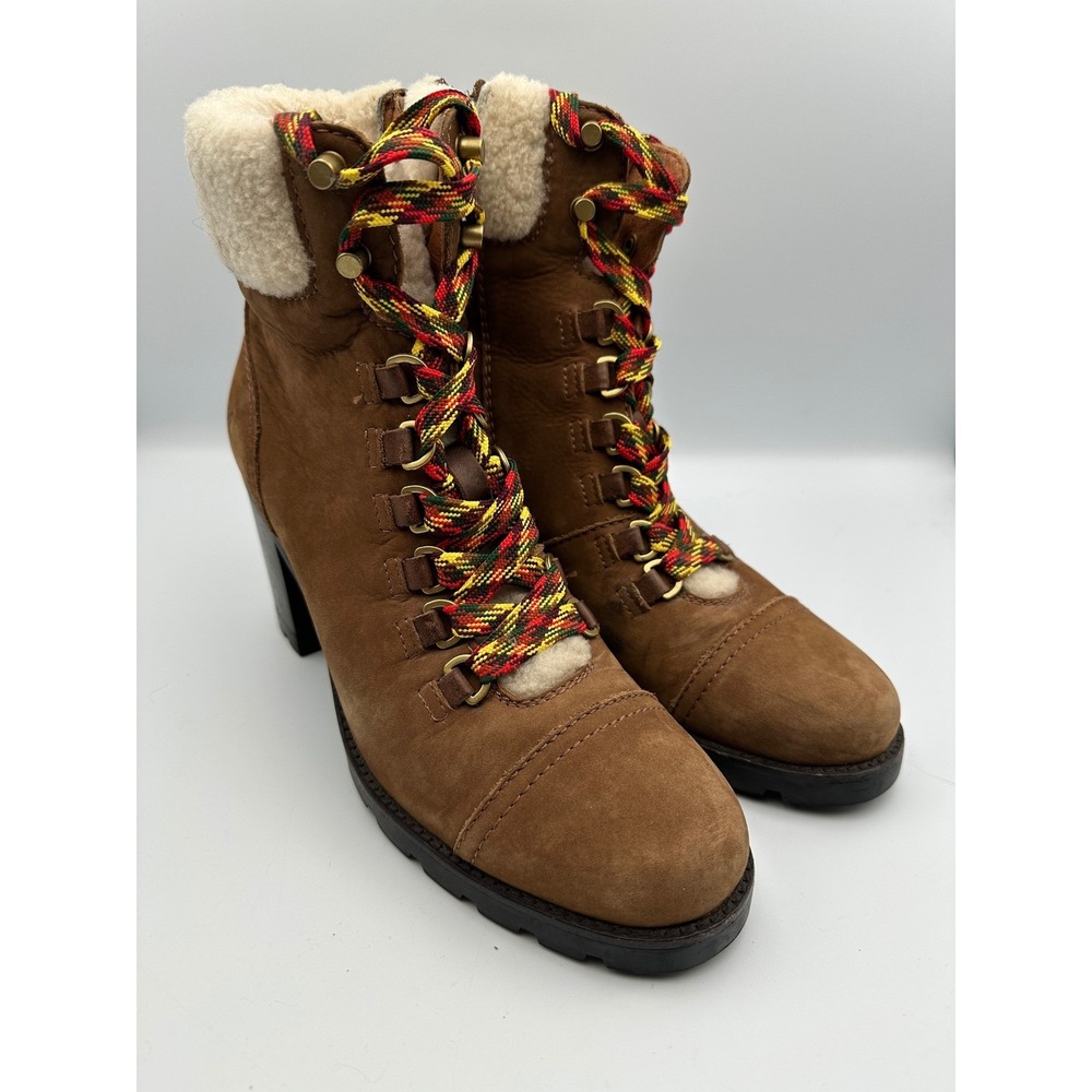 Frye Addie Hiker Boots 10B Brown Leather Shearling Lace Up Block Heel Boots $498